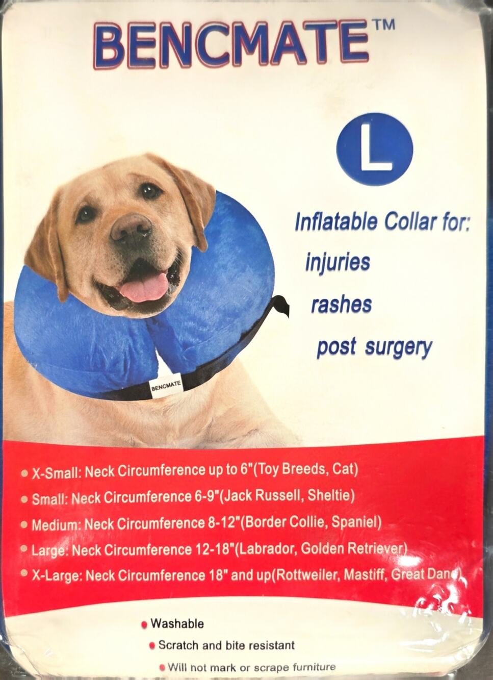 BENCMATE Inflatable Dog Collar Injuries Rashes Post Surgery Lg 12"-18" Neck NIP